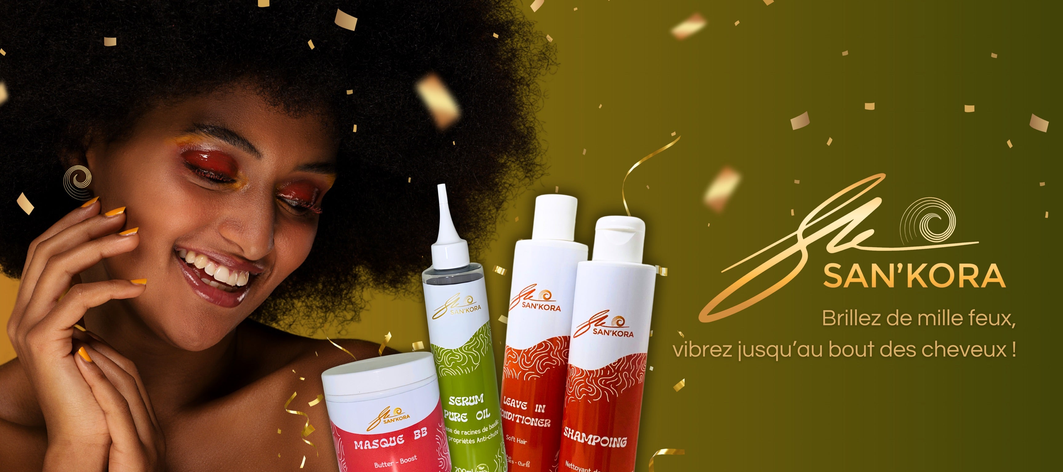 Bannière San'Kora : soins naturels pour hydrater, aux propriétés anti-chute et sublimer les cheveux crépus, frisés, bouclés.