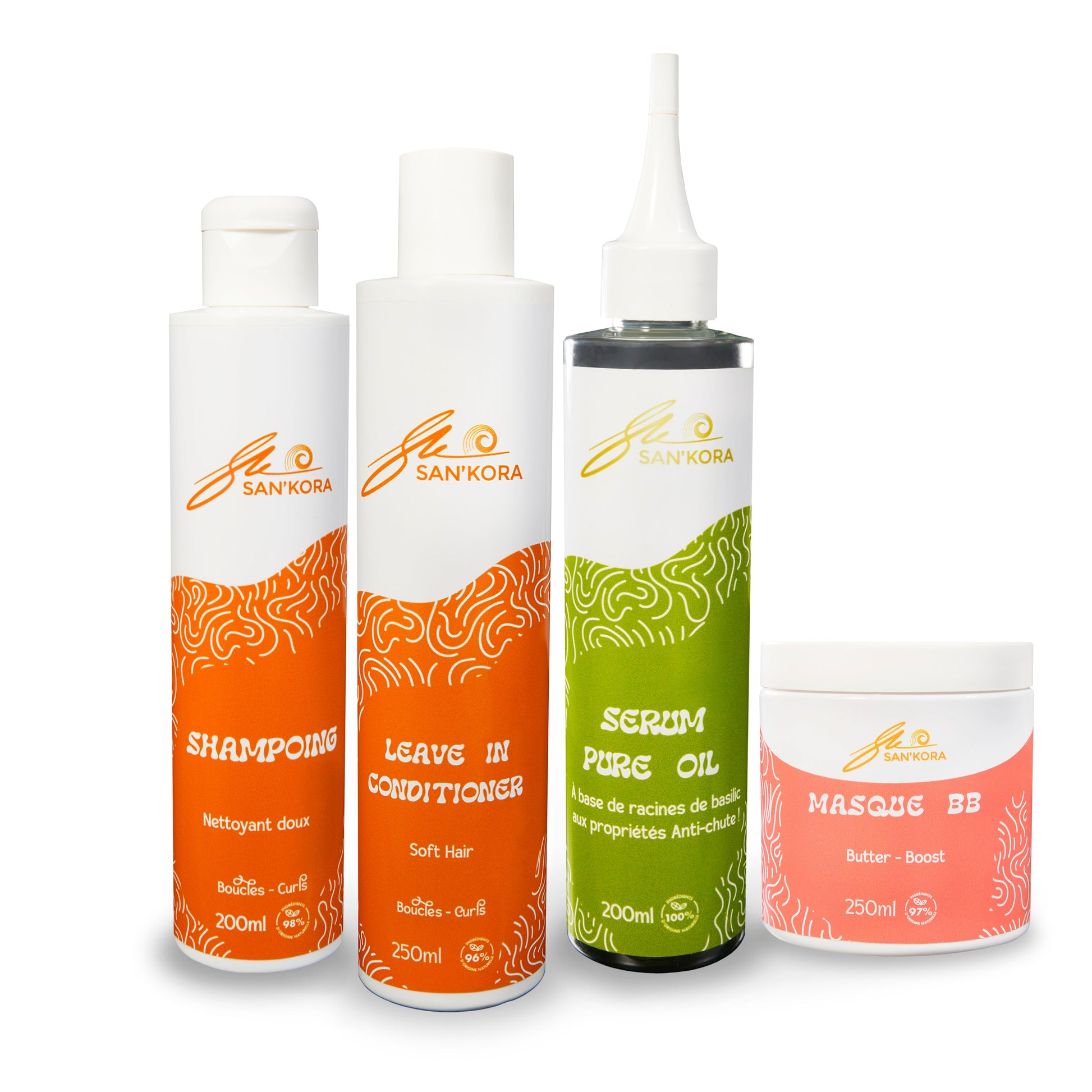 Gamme complète San'Kora : solutions naturelles pour hydrater, nourrir  et activer la pousse et la brillance  des cheveux crépus, bouclés, frisés.